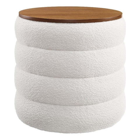 Modway Mezzo Round Boucle Fabric Storage Ottoman Stool in Cloud - Channel Tufted Ottoman - Upholstered Footrest - Versatile End or Side Table with Storage