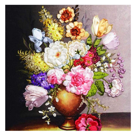 Pigeon Fleet Colorful Flower Needlecrafts Silk Ribbon Embroidery Starter Kit Cross Stitch Kit Home Decor Gift