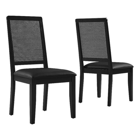 Modway Arlo Wood and Faux Rattan Dining Chairs Set of 2 in Black Black - Modern Farmhouse Accent Chairs - Vegan Leather Upholstered Chairs for Dining Room
