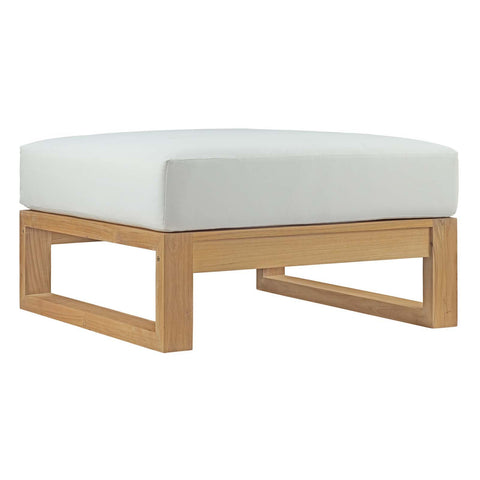 Modway Upland Teak Wood Outdoor Patio Ottoman with Cushions in Natural White