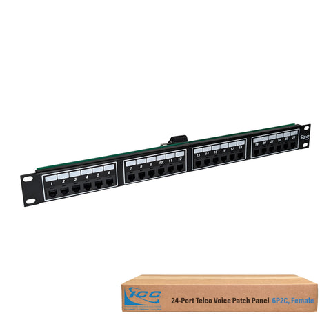 ICC Voice 6P2C Telco Patch Panel with 24 Ports, Rear Female Telco/Amphenol Connector, 1 RMS, 19-Inch Rack-Mounted Patch Panel for Telephone, PBX, IP Phone Systems and LANs