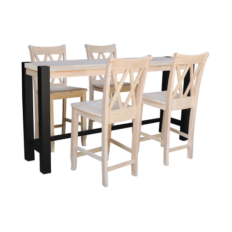 International Concepts Unfinished Solid Wood Tall Accent Table with Black Iron Legs and Four Stools