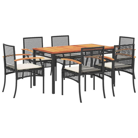 vidaXL 7-Piece Patio Dining Set â€“ Black PE Rattan with Cushions, Acacia Wood Table for Outdoor, Garden, Backyard, Patio