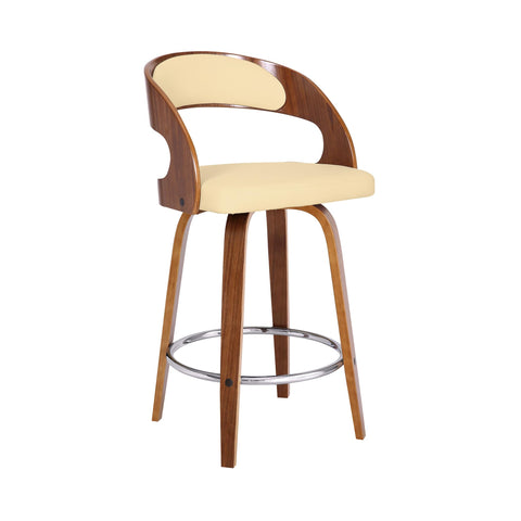 Armen Living Shelly 26" Counter Height Swivel Cream Faux Leather and Walnut Wood Bar Stool