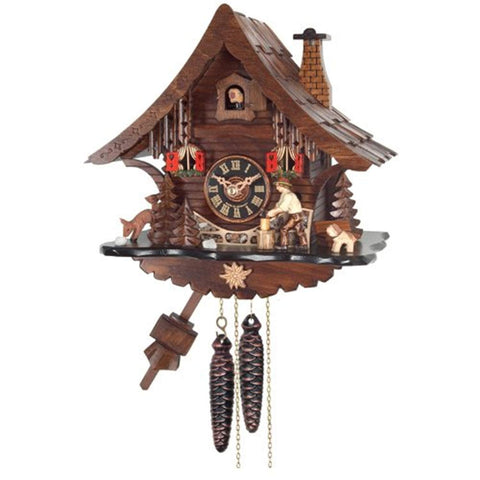 River City Clocks One Day Cuckoo Clock Cottage with Man Chopping Wood