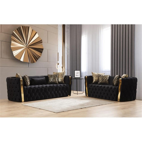 Matrix Furniture Group Naomi Button Tufted 2 Pc Sofa Set with Velvet Fabric and Gold Accent in Black