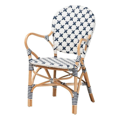Baxton Studio Bryson Blue and White Weaving and Natural Rattan Bistro Chair
