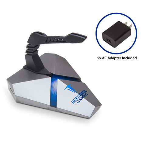 USB 3.0 3-Port Hub with Gaming Mouse Bungee with Micro SD Card Reader, 5V 2M AC Adapter, Flexible Mouse Cord Management, Blue LED Light, Anti-Slip Base Design