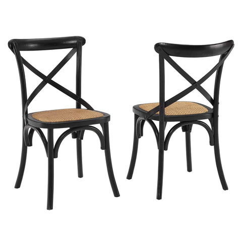 Modway Gear Rustic Modern Farmhouse Elm Wood Rattan Two Dining Chairs in Black