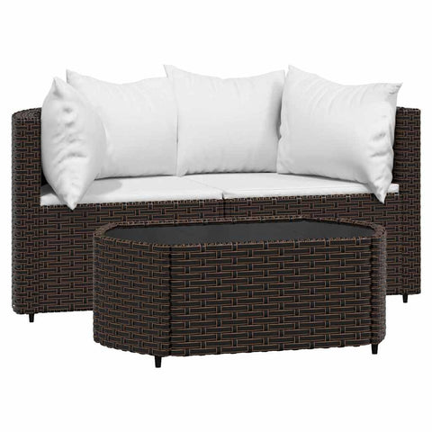 vidaXL 3 Piece Outdoor Brown Poly Rattan Patio Lounge Set- Weather, Durable Powder-Coated Steel Frame, Tempered Glass Tabletop, Cushioned Seats, Adjustable Feet for Stability.