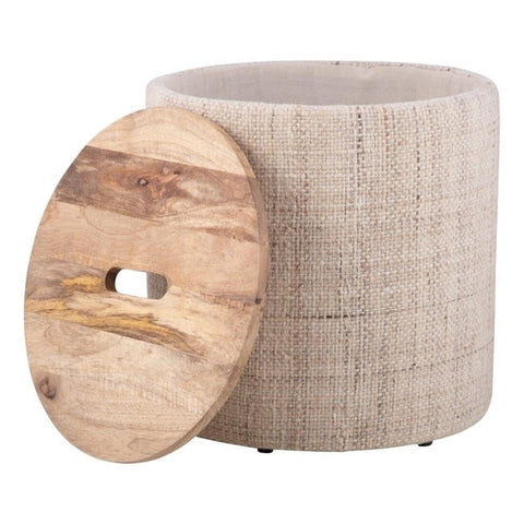 Carolina Chair & Table Handwoven Storage Ottoman with Rounded Wooden Top Lid - Solid Wood Frame, Hidden Storage Compartment, Compact Round Foot Stool for Bedroom, Apartments, Condos (Light Beige)