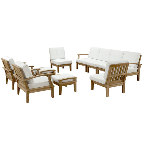 LexMod Marina 10 Piece Outdoor Patio Teak Sofa Set in Natural White