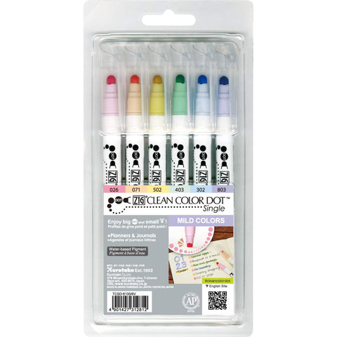 Kuretake CLEAN COLOR DOT Single Mild 6 colors set, Flexible dot tip marker, for Journals, Crafts, Illustration, Lettering, Planners, Made in Japan