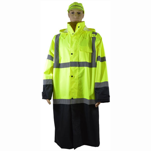 Petra Roc LBRC-48-C3-S 48" Lime /Black Bottom Two Tone Waterproof Rain Coat, ANSI Class 3, Roll Away Hood, Mic-Tab/Badge Holder, Chest Pocket, 2 Side Slits, Adjustable Cuff, Heavy Duty Zipper & Storm Flap, S, Lime/Black