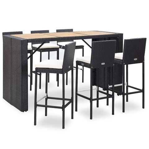 vidaXL Patio Bar Set 7 Piece, Outdoor Bar Table Set with Wood Tabletop, Patio Furniture Set with Cushions, Conversation Set, Poly Rattan Black