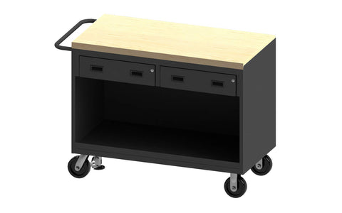 Mobile Bench Cabinet With 6 Inch X 2 Inch Phenolic Casters (2) Rigid And (2) Swivel 1 Shelf And 2 Drawers Maple Top Work Surface And Floor Lock With Tubular Push Handle Gray