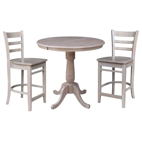 IC INTERNATIONAL CONCEPTS 36" Round Solid Wood Extension Table in Washed Gray Taupe & 2 Madrid Stools