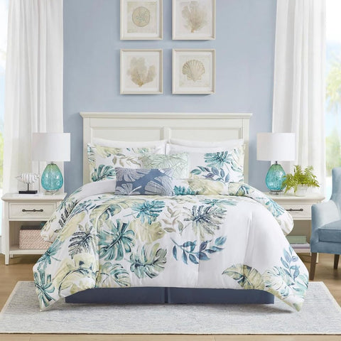 Oakestry 6-Piece Coastal All Season Bedding Set Down Alternative Casual Set with Decorative Pillows Matching Shams, King(110"x96"), Monstera Leaf Green