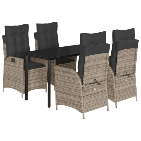 vidaXL 5 Piece Patio Dining Set - Gray Poly Rattan, Adjustable Reclining Garden Chairs, Tempered Glass Table, Cushions Included, Ideal for Garden, Backyard, Patio