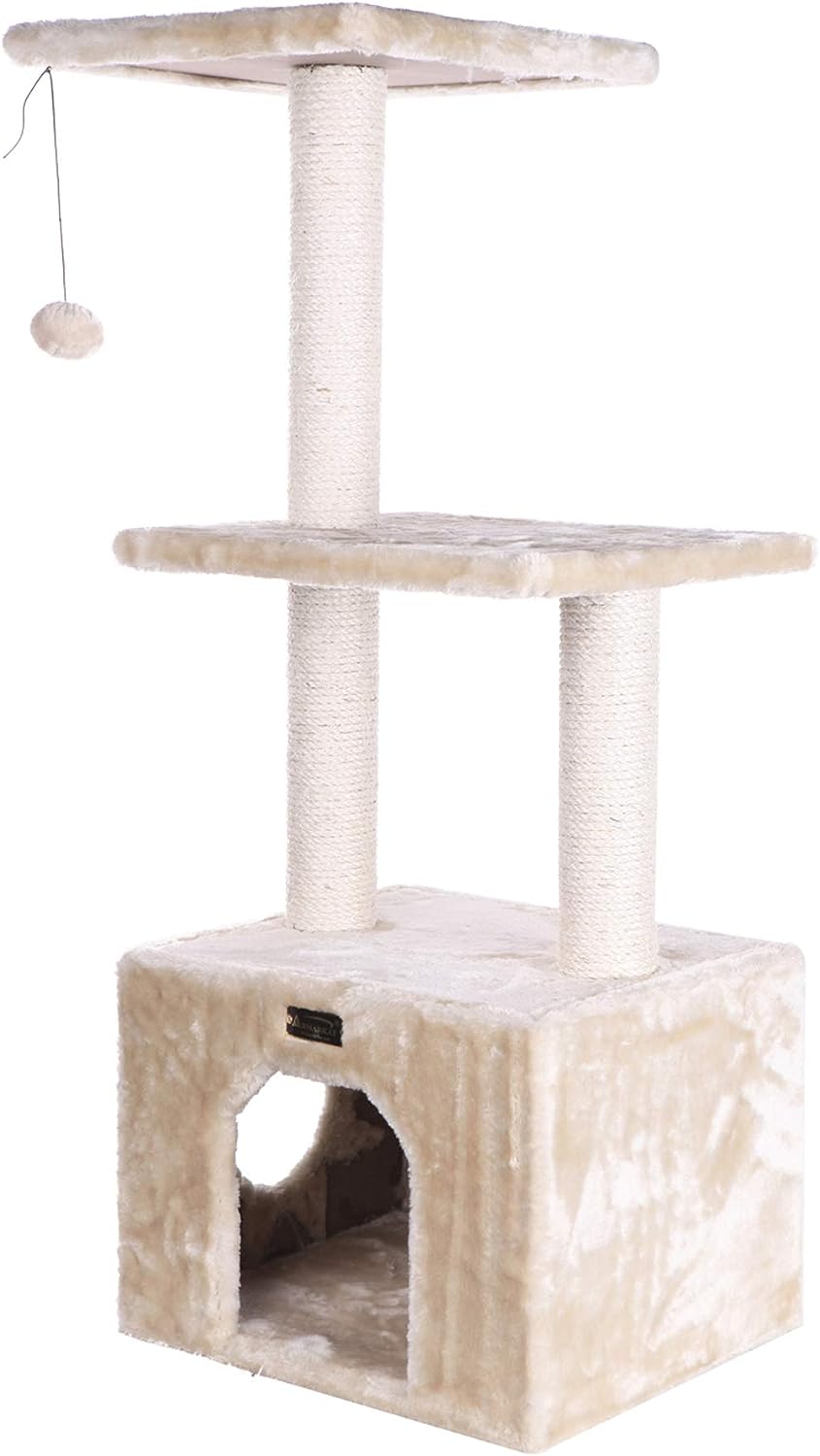 Armarkat 3-Tier Cat Tree Real Wood Furniture with Sisal Scartching Post, Beige, 16""(l) x 14""(w) x 39""(h) (A3902)