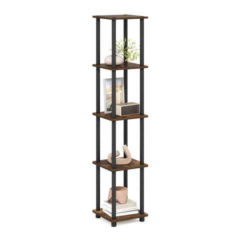 Furinno Turn-N-Tube Storage Shelves, 5-Tier Square Book Shelf, Corner Shelf, Toolless Open Shelves, Round Tubes, for Organization and Storage, Living Room, Garage, Home Office, Amber Pine