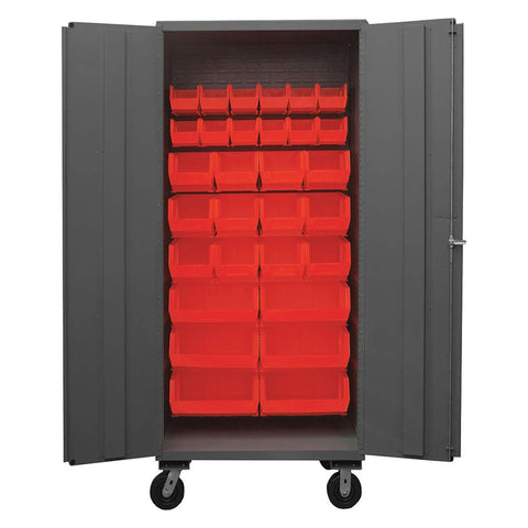 Durham 2501M-BLP-30-1795 Lockable Mobile Cabinet with 30 Red Hook-On Bins, Flush Door Style, 36" Wide, 16 Gauge, Gray