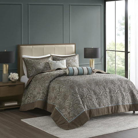 Oakestry 5-Pc Aubrey Reversible Quilted Bedspread Set Lightweight All Season Bedding Layer Matching Sham Jacquard Paisley Design, King(120"X118"), Blue