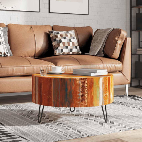 Oakestry Coffee Table Multicolor Reclaimed Solid Wood, Iron 27.6 in Diameter Premium Storage Cabinet Modern Luxury Storage Solution Elegant Dining Interior Furniture Space Saving Organizer