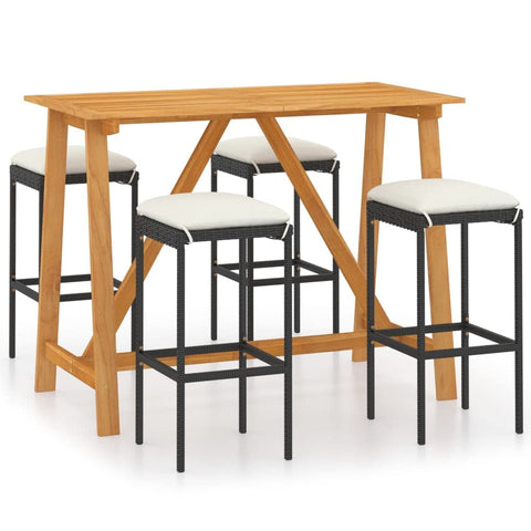 vidaXL Patio Bar Set 5 Piece, Outdoor Bar Table and Stools with Wood Tabletop, Patio Furniture Set with Cushions, Dining Set for Garden, Farmhouse, Black