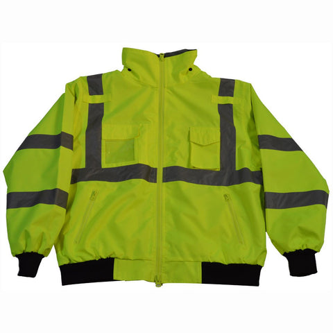 Petra Roc LBJ-C3-S ANSI Class 3 Waterproof Safety Bomber Jacket with Removable Fleece Liner & Roll Away Hood, Small, Lime