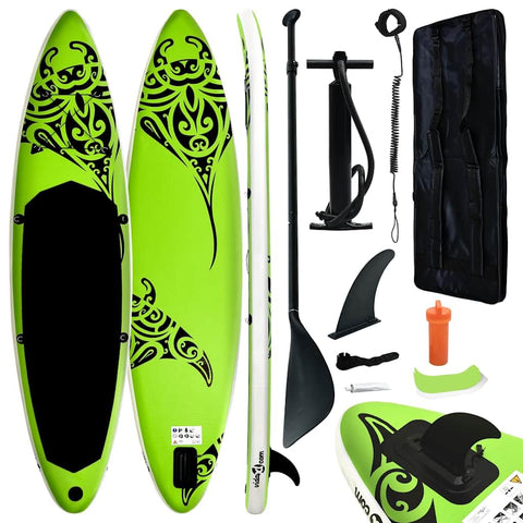 vidaXL Inflatable Paddleboard Set - 144.1"x29.9"x5.9" Stand Up Paddle Board in Green - Kayak & Paddleboard, Optimum Curve Design for Stability, Puncture-Proof and UV-Resistant Material, Includes H...