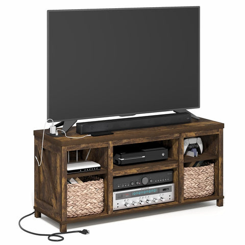 Furinno Farmhouse TV Stand, Entertainment Center, TV Console for TV up to 55 Inch with USB Ports & Power Outlets and Storage, for Living Room, Bedroom, Amber Pine