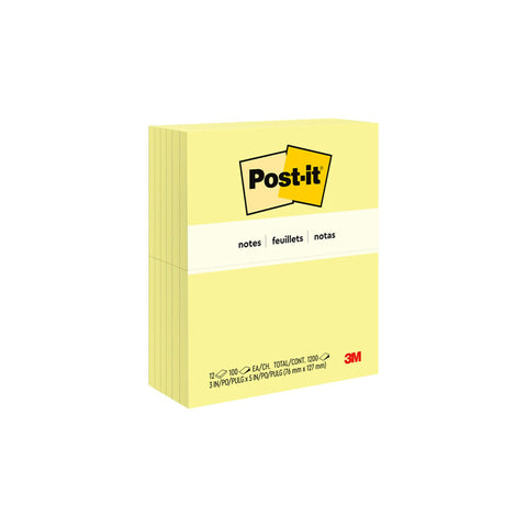 Post-it Notes, 3 in x 5 in, 12 Sticky Notes Pads, 100 Sheets per Pad, Canary Yellow, The Original Post-it Note, School Supplies and O?ce Products