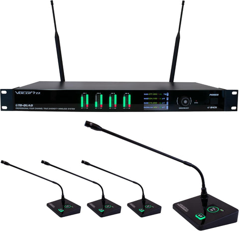 Quad True-Diversity Professional Digital Wireless PLL Microphone System with Four Gooseneck Conference Microphones