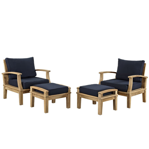 Modway Marina Premium Grade A Teak Wood 4-Piece Outdoor Patio Furniture Set in Natural and Navy