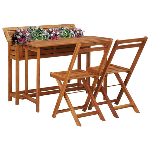 vidaXL Solid Acacia Wood Garden Planter Table with 2 Foldable Bistro Chairs, Brown