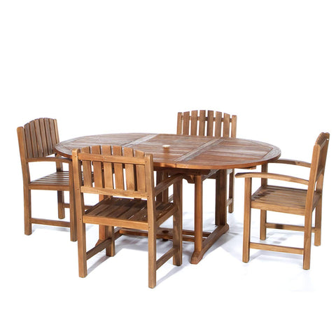 All Things Cedar TE70-20-R 5-Piece Teak Oval Extension Patio - Table & 4 Folding Chairs Dining Set for Outdoor & Indoor Events | Built in Hide-Away Butterfly Extension Leaf | Red Cushions