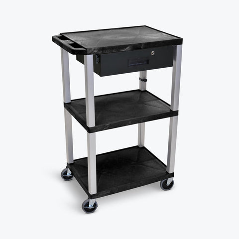 LUXOR UCPL1-WTD 42"H 3-Shelf Utility Cart - Drawer, Black Shelves, Putty Legs