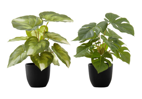 Monarch Specialties I 9584 Artificial Plant, 13" Tall, Monstera Calthea, Indoor, Faux, Fake, Table, Greenery, Potted, Set of 2, Decorative, Green Leaves