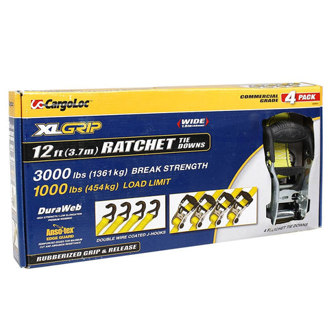 CargoLoc 89994 12' Xl Grip Ratchet Tie-Down, 4 Piece (3000 Lbs.)