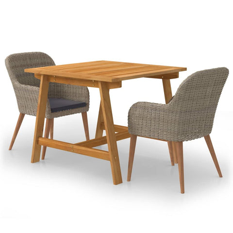vidaXL Patio Dining Set 3 Piece, Outdoor Dining Table Set with Wood Tabletop, Rattan Chairs with Cushions, Conversation Set, Farmhouse Modern, Brown
