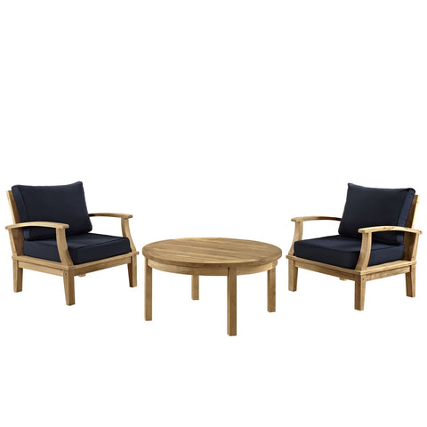 Modway Marina Premium Grade A Teak Wood 3-Piece Outdoor Patio Furniture Set in Natural Navy