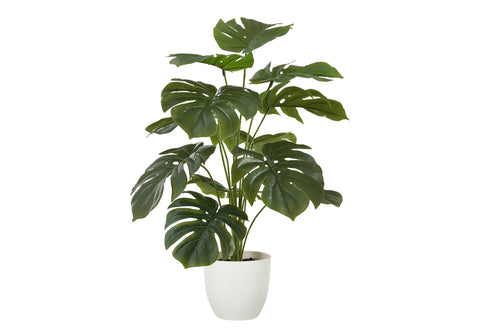 Monarch Specialties I 9551 Artificial Plant, 24" Tall, Monstera, Real Touch, Decorative, Green Leaves, White Pot