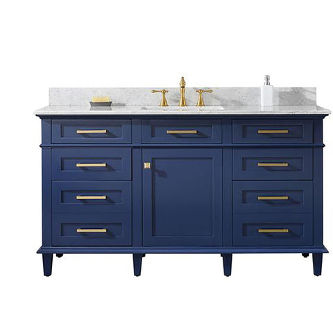 Legion Furniture Indoor Bathroom Home Decorative 60" Blue Finish Single Sink Vanity Cabinet with Carrara White Top