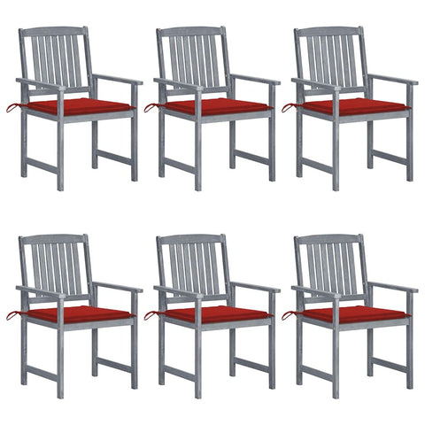 vidaXL Patio Chairs with Cushions Set of 6 Solid Acacia Wood Grey and Red Retro Outdoor Furniture Dining Seating for Balconies Gardens Chair Garden Wooden Seats Style