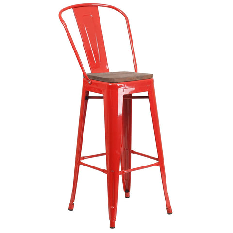 Flash Furniture Lily 30" High Red Metal Barstool with Back and Wood Seat (Pack of 1)