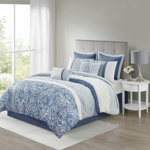 Oakestry 8pc All Season Down Alternative Comforter Set Printed Damask Motif Matching Shams Decorative Pillow Bedskirt, Cal King, Shawnee Scrollwork Blue