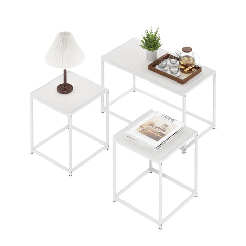 Furinno CAMNUS Coffee Table, Metal Frame Modern Coffee Table and Side Tables Set, Toolless Side Table Sets, for Living Room, Bedroom, Home Office, Solid White