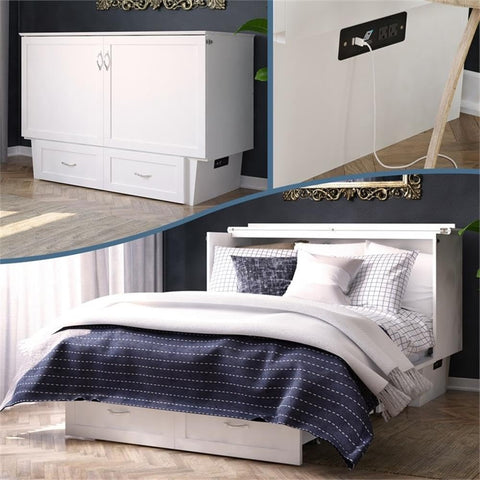 AFI Monroe Queen Size Murphy Bed Chest with Mattress, Storage, & Built-in Charger in White