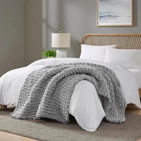 Oakestry Chunky Knit Throw Blanket Hand Made Cozy and Large Chenille Loop Yarn Soft All-Season Fluffy Throw with Big Crochet 50" W X 60" L, Grey